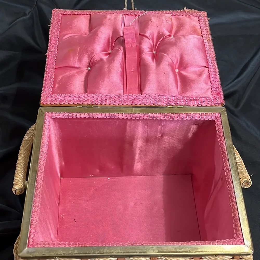 Vintage 50s/60s Woven MCM Sewing Basket~Pink Lining~JAPAN